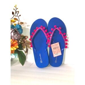 VERY RARE Hunkemoller Blue PINK Pom Poms Flip Flops Size 40/41 NWT